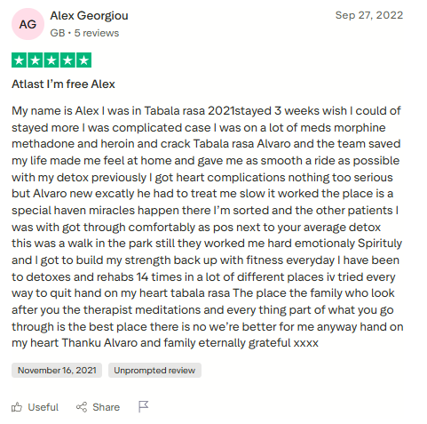 Trustpilot review screenshot for Tabula Rasa Retreat by Alex Georgiou, 5-star, Sep 27, 2022, titled Atlast I’m free Alex.