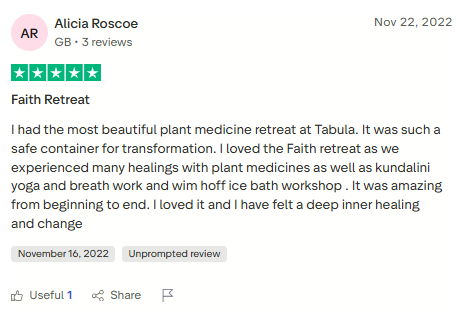 Trustpilot review screenshot for Tabula Rasa Retreat by Alicia Roscoe, 5-star, Nov 22, 2022, titled Faith Retreat.