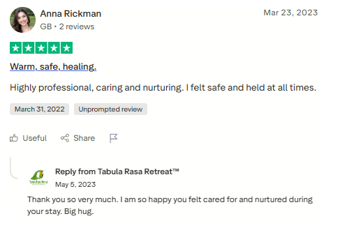 Trustpilot review screenshot for Tabula Rasa Retreat by Anna Rickman, 5-star, Mar 23, 2023, titled Warm, safe, healing.