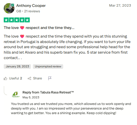Trustpilot review screenshot for Tabula Rasa Retreat by Anthony Cooper, 5-star, Mar 27, 2023, titled The love, respect and the time they....