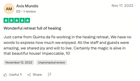 Trustpilot review screenshot for Tabula Rasa Retreat by Axis Mundis, 5-star, Nov 17, 2022, titled Wonderful retreat full of healing.