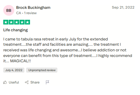 Trustpilot review screenshot for Tabula Rasa Retreat by Brock Buckingham, 5-star, Sep 21, 2022, titled Life changing.