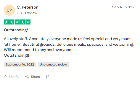 Trustpilot review screenshot for Tabula Rasa Retreat by C. Peterson, 5-star, Sep 16, 2022, titled Outstanding!.