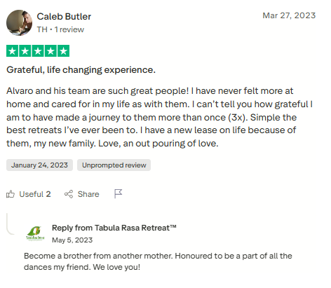 Trustpilot review screenshot for Tabula Rasa Retreat by Caleb Butler, 5-star, Mar 27, 2023, titled Grateful, life changing experience.