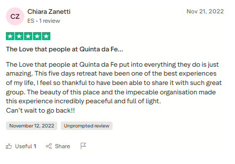Trustpilot review screenshot for Tabula Rasa Retreat by Chiara Zanetti, 5-star, Nov 21, 2022, titled The Love that people at Quinta da Fe....