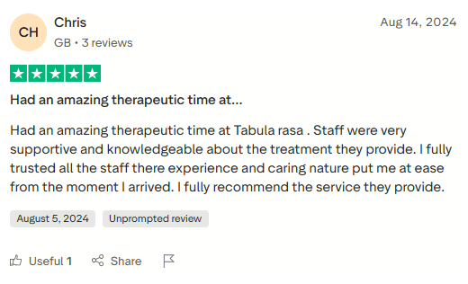 Trustpilot review screenshot for Tabula Rasa Retreat by Chris, 5-star, Aug 14, 2024, titled Had an amazing therapeutic time at....