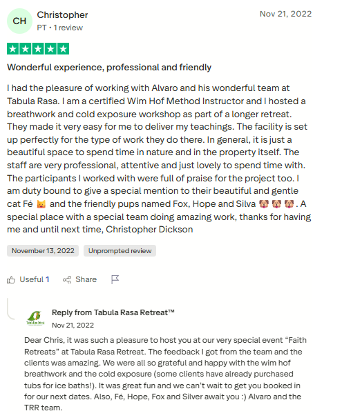 Trustpilot review screenshot for Tabula Rasa Retreat by Christopher, 5-star, Nov 21, 2022, titled Wonderful experience, professional and friendly.