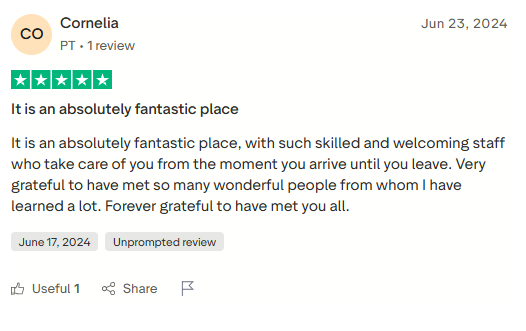 Trustpilot review screenshot for Tabula Rasa Retreat by Cornelia, 5-star, Jun 23, 2024, titled It is an absolutely fantastic place.
