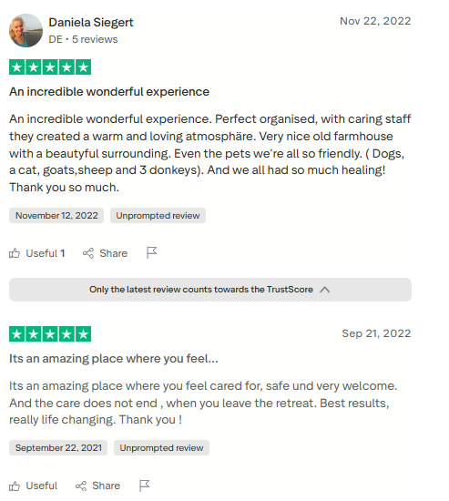 Trustpilot review screenshot for Tabula Rasa Retreat by Daniela Siegert, 5-star, Nov 22, 2022 and Sep 21, 2022, titled Two reviews by Daniela Siegert.