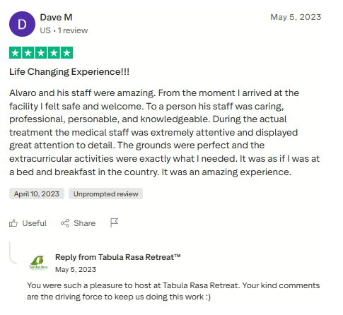 Trustpilot review screenshot for Tabula Rasa Retreat by Dave M, 5-star, May 5, 2023, titled Life Changing Experience!!!.