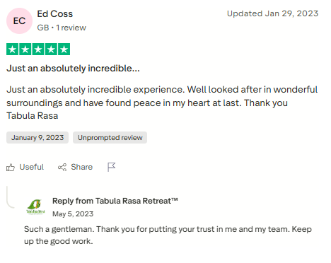 Trustpilot review screenshot for Tabula Rasa Retreat by Ed Coss, 5-star, Updated Jan 29, 2023, titled Just an absolutely incredible....