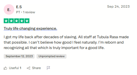 Trustpilot review screenshot for Tabula Rasa Retreat by E.S, 5-star, Sep 24, 2023, titled Truly life changing experience.