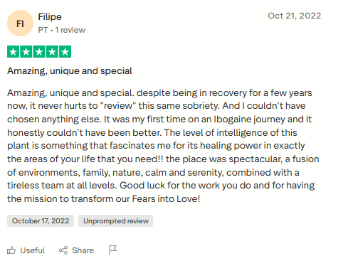 Trustpilot review screenshot for Tabula Rasa Retreat by Filipe, 5-star, Oct 21, 2022, titled Amazing, unique and special.