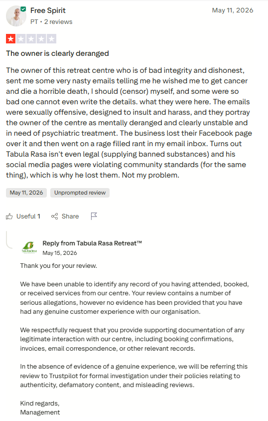 Trustpilot review screenshot for Tabula Rasa Retreat by Free Spirit, 1-star, May 11, 2026, titled The owner is clearly deranged.