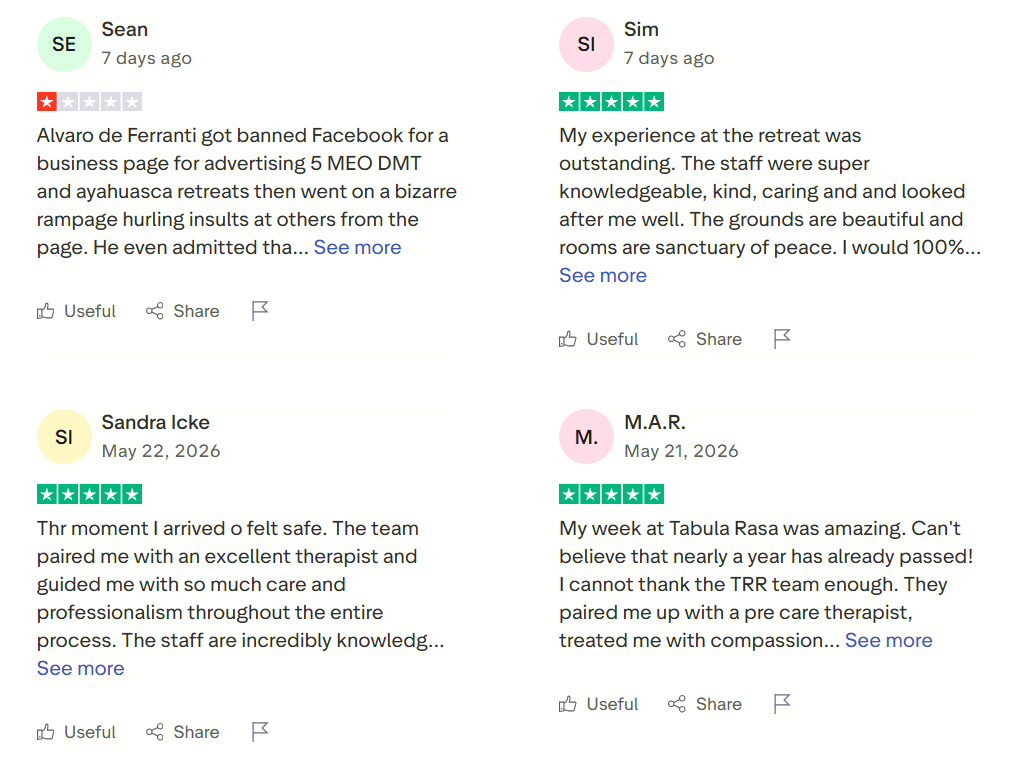Screenshot of the Tabula Rasa Retreat Trustpilot review grid showing recent reviews before cancellation.