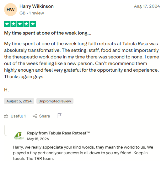 Trustpilot review screenshot for Tabula Rasa Retreat by Harry Wilkinson, 5-star, Aug 17, 2024, titled My time spent at one of the week long....