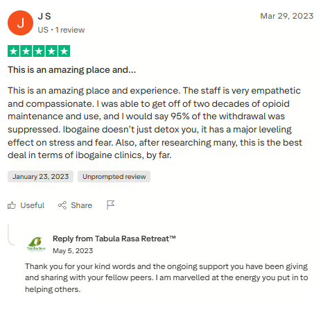 Trustpilot review screenshot for Tabula Rasa Retreat by J S, 5-star, Mar 29, 2023, titled This is an amazing place and....