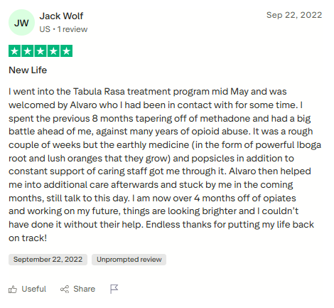 Trustpilot review screenshot for Tabula Rasa Retreat by Jack Wolf, 5-star, Sep 22, 2022, titled New Life.