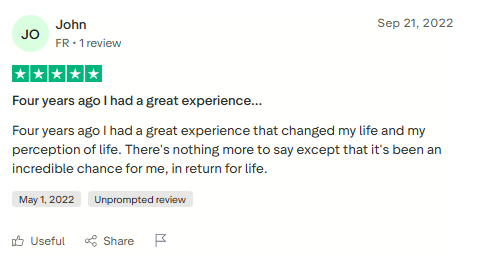 Trustpilot review screenshot for Tabula Rasa Retreat by John, 5-star, Sep 21, 2022, titled Four years ago I had a great experience....