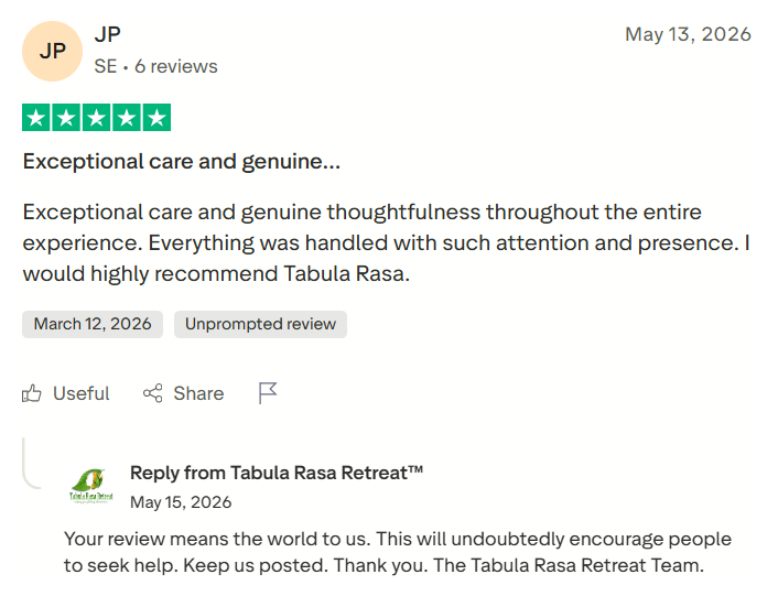 Trustpilot review screenshot for Tabula Rasa Retreat by JP, 5-star, May 13, 2026, titled Exceptional care and genuine thoughtfulness.