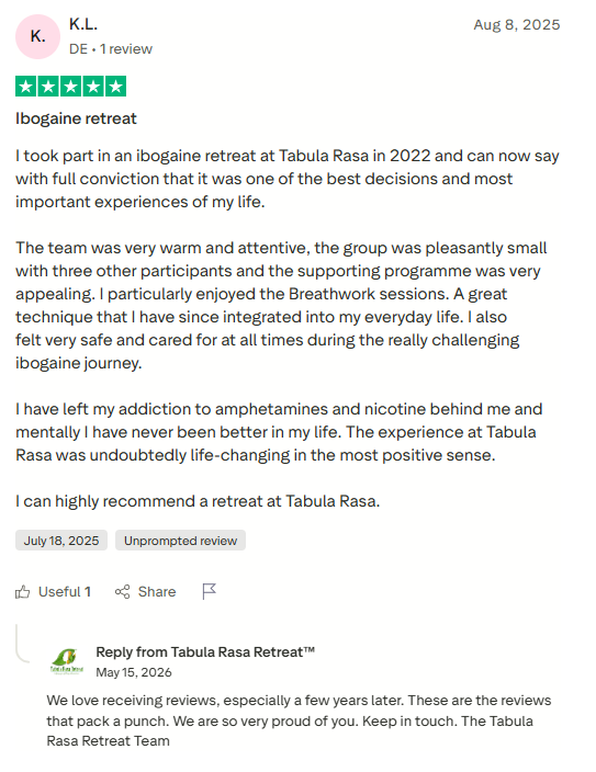 Trustpilot review screenshot for Tabula Rasa Retreat by K.L., 5-star, Aug 8, 2025, titled Ibogaine retreat.