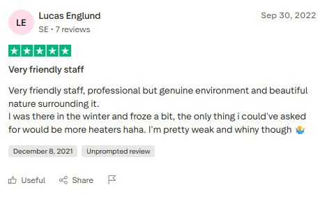 Trustpilot review screenshot for Tabula Rasa Retreat by Lucas Englund, 5-star, Sep 30, 2022, titled Very friendly staff.