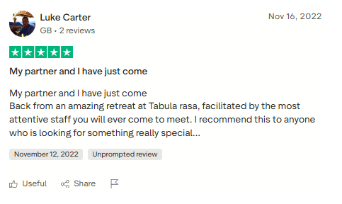 Trustpilot review screenshot for Tabula Rasa Retreat by Luke Carter, 5-star, Nov 16, 2022, titled My partner and I have just come.
