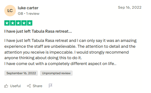 Trustpilot review screenshot for Tabula Rasa Retreat by Luke Carter, 5-star, Sep 16, 2022, titled I have just left Tabula Rasa retreat....