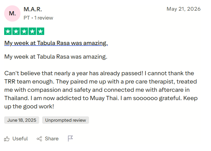 Trustpilot review screenshot for Tabula Rasa Retreat by M.A.R., 5-star, May 21, 2026, titled My week at Tabula Rasa was amazing.