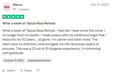 Trustpilot review screenshot for Tabula Rasa Retreat by Marco, 5-star, Oct 21, 2022, titled What a week at Tabula Rasa Retreat.