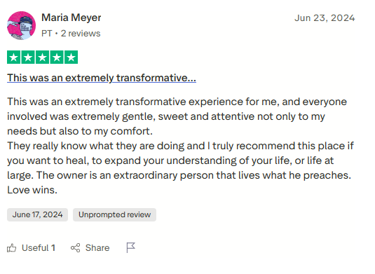 Trustpilot review screenshot for Tabula Rasa Retreat by Maria Meyer, 5-star, Jun 23, 2024, titled This was an extremely transformative....