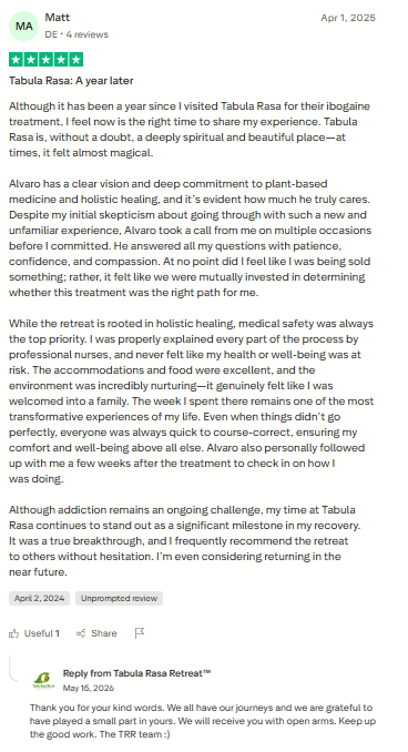 Trustpilot review screenshot for Tabula Rasa Retreat by Matt, 5-star, Apr 1, 2025, titled Tabula Rasa: A year later.