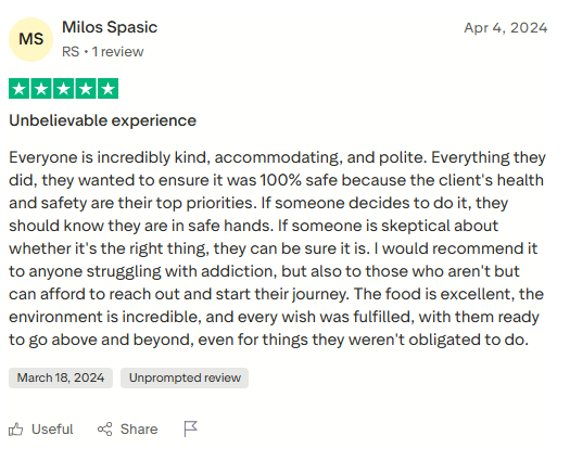 Trustpilot review screenshot for Tabula Rasa Retreat by Milos Spasic, 5-star, Apr 4, 2024, titled Unbelievable experience.