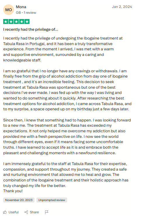 Trustpilot review screenshot for Tabula Rasa Retreat by Mona, 5-star, Jan 2, 2024, titled I recently had the privilege of....