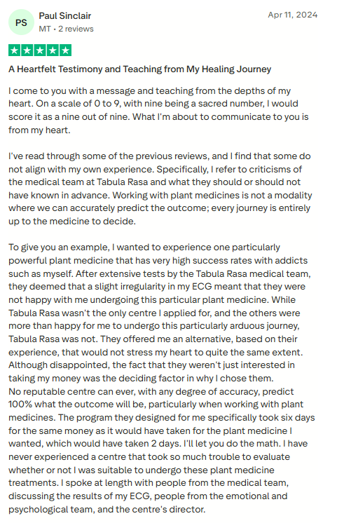 Trustpilot review screenshot part 1 for Tabula Rasa Retreat by Paul Sinclair, 5-star, Apr 11, 2024.