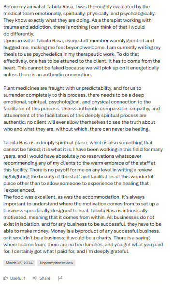 Trustpilot review screenshot part 2 for Tabula Rasa Retreat by Paul Sinclair, 5-star, Apr 11, 2024.