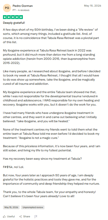 Trustpilot review screenshot for Tabula Rasa Retreat by Pedro Gorman, 5-star, May 15, 2026, titled Deeply grateful.