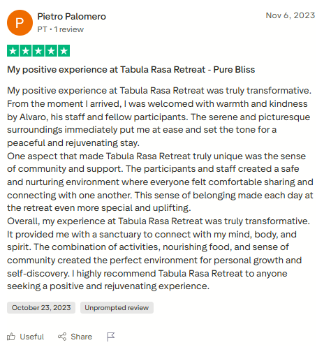 Trustpilot review screenshot for Tabula Rasa Retreat by Pietro Palomero, 5-star, Nov 6, 2023, titled My positive experience at Tabula Rasa Retreat - Pure Bliss.