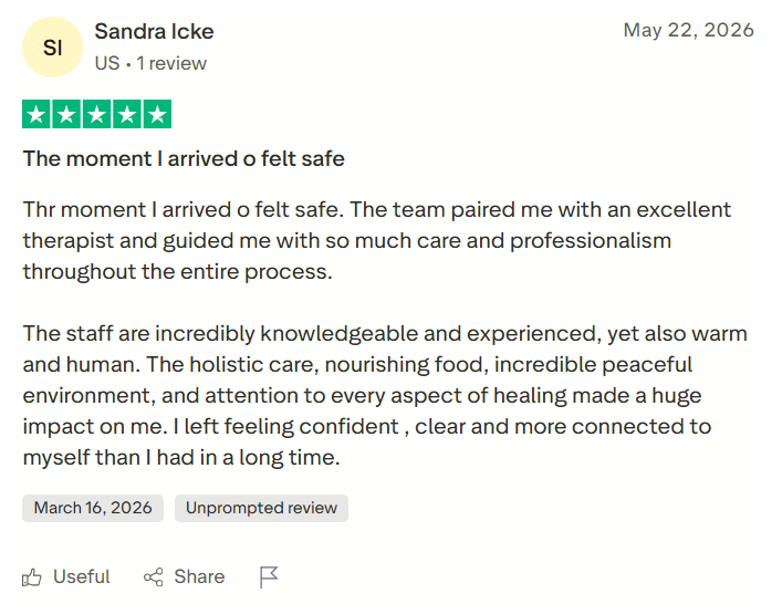 Trustpilot review screenshot for Tabula Rasa Retreat by Sandra Icke, 5-star, May 22, 2026, titled The moment I arrived I felt safe.