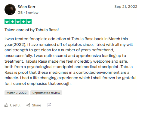Trustpilot review screenshot for Tabula Rasa Retreat by Séan Kerr, 5-star, Sep 21, 2022, titled Taken care of by Tabula Rasa!.