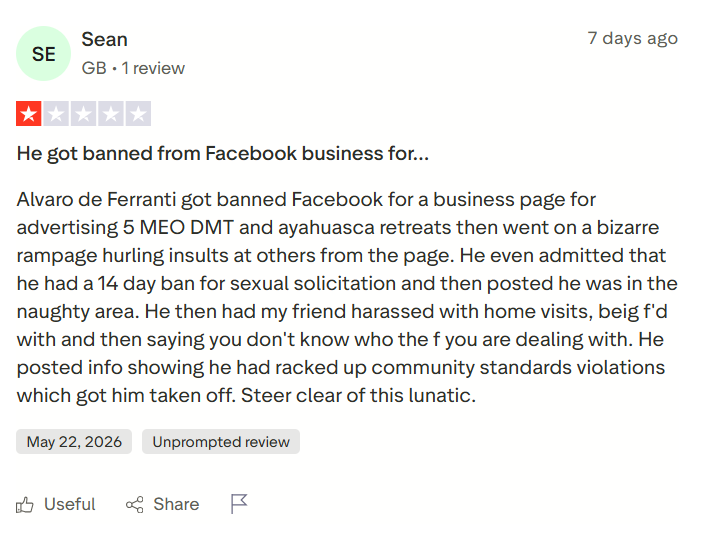 Trustpilot review screenshot for Tabula Rasa Retreat by Sean, 1-star, 7 days ago, titled He got banned from Facebook business for....