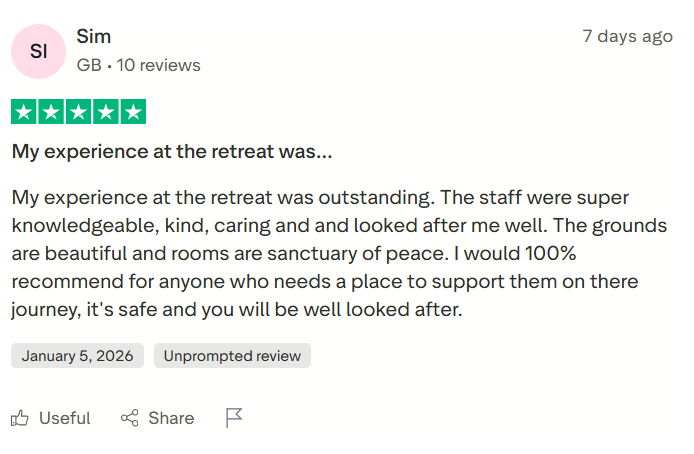 Trustpilot review screenshot for Tabula Rasa Retreat by Sim, 5-star, 7 days ago, titled My experience at the retreat was outstanding.