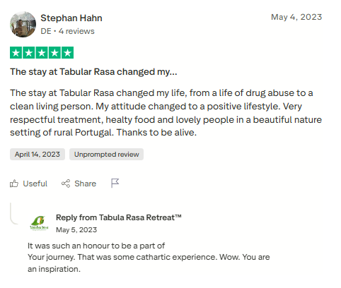Trustpilot review screenshot for Tabula Rasa Retreat by Stephan Hahn, 5-star, May 4, 2023, titled The stay at Tabular Rasa changed my....