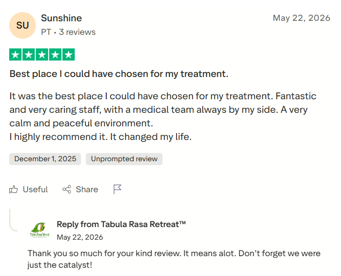 Trustpilot review screenshot for Tabula Rasa Retreat by Sunshine, 5-star, May 22, 2026, titled Best place I could have chosen for my treatment.