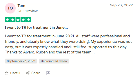 Trustpilot review screenshot for Tabula Rasa Retreat by Tom, 5-star, Sep 23, 2022, titled I went to TR for treatment in June....