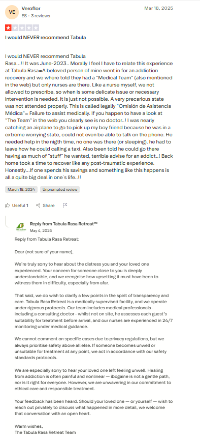 Trustpilot review screenshot for Tabula Rasa Retreat by Veroflor, 1-star, Mar 18, 2025, titled I would NEVER recommend Tabula.