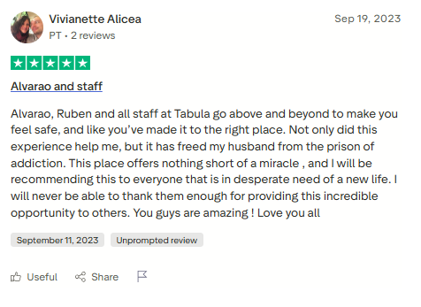 Trustpilot review screenshot for Tabula Rasa Retreat by Vivianette Alicea, 5-star, Sep 19, 2023, titled Alvarao and staff.