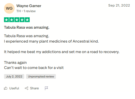 Trustpilot review screenshot for Tabula Rasa Retreat by Wayne Garner, 5-star, Sep 21, 2022, titled Tabula Rasa was amazing.