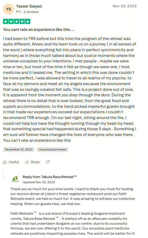 Trustpilot review screenshot for Tabula Rasa Retreat by Yasser Saiyad, 5-star, Nov 23, 2022, titled You cant rate an experience like this....
