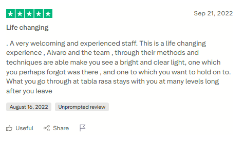 Trustpilot review screenshot for Tabula Rasa Retreat by Yasser Saiyad, 5-star, Sep 21, 2022, titled Life changing.